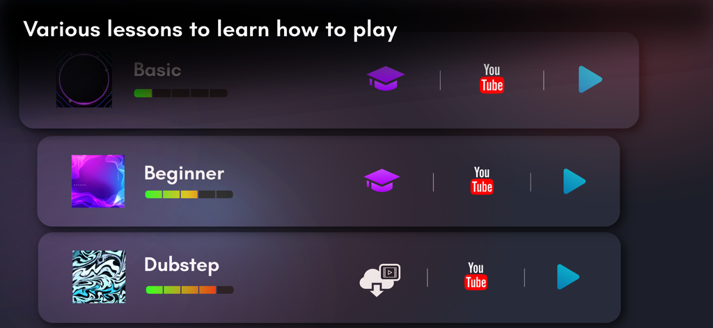 Classic Drum: electronic drums - Classic Drum app lessons screen showing basic and beginner categories