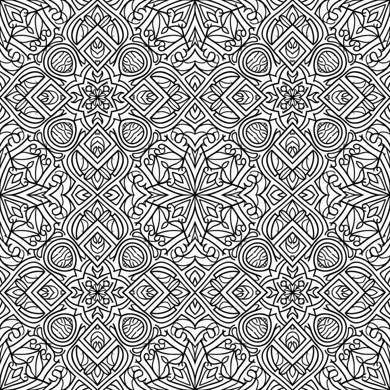 Unwind and focus with this captivating symmetrical grid pattern coloring page, featuring an intricate array of repeating motifs. This detailed design offers a meditative coloring experience, perfect for relaxation and creative exploration.