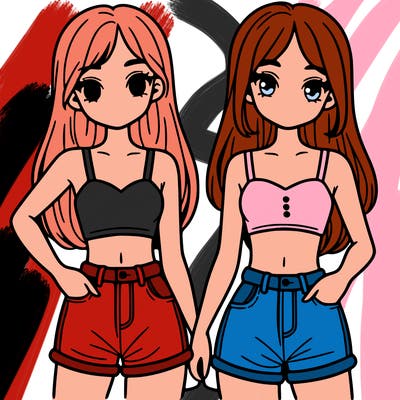 two sisters with crop tops and jean shorts and straight hair