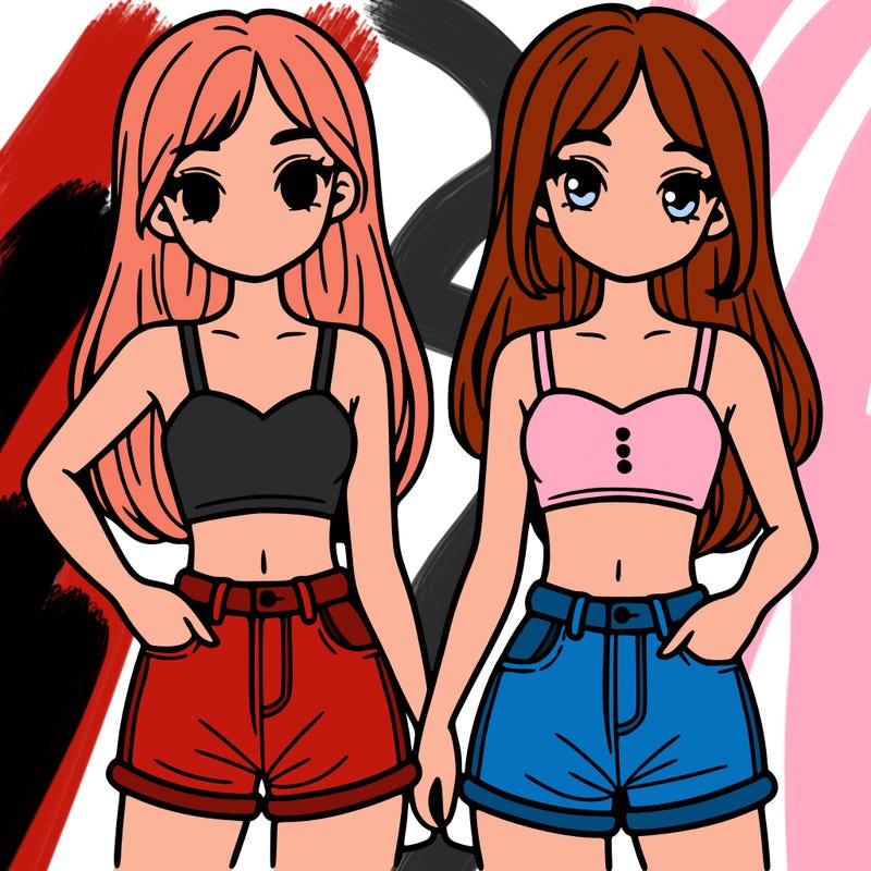 two sisters with crop tops and jean shorts and straight hair