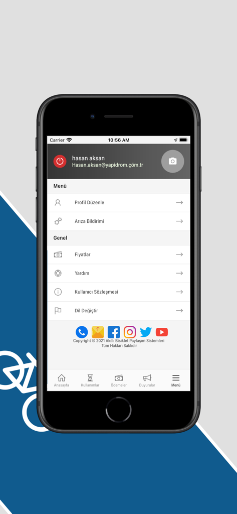 Antbis - ANTALYA - Antbis mobile app menu screen displaying account settings and information links