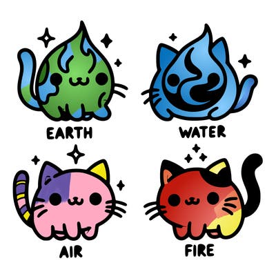 4 cats that represent the different elements, earth, water, air, and fire