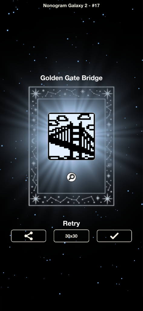 Nonogram galaxy 2 - Thema - Un puzzle completato di pixel art in bianco e nero 30x30 del Golden Gate Bridge su uno sfondo spaziale stellato.