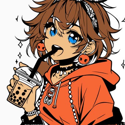 hot baddie anime girl drinking boba and biting the straw