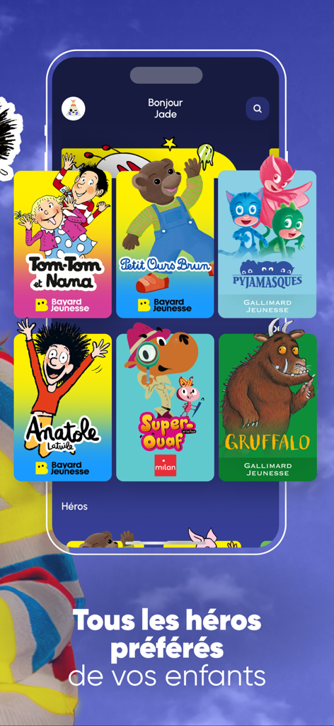 BayaM : Podcasts, jeux & films - Un écran de téléphone portable affichant des personnages populaires pour enfants sur l'interface de l'application BayaM.