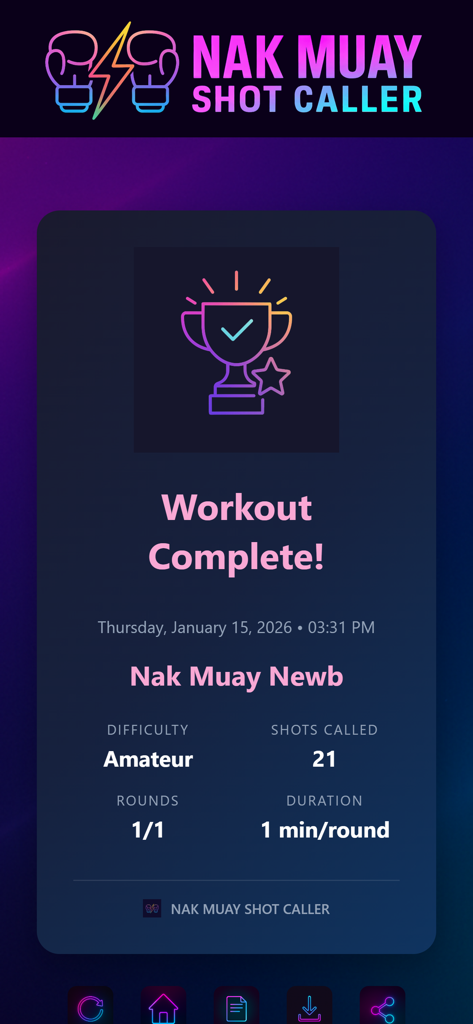 Shot Caller Nak Muay - Pantalla de resumen de entrenamiento de la aplicación Shot Caller Muay Thai que muestra estadísticas de entrenamiento y un icono de trofeo