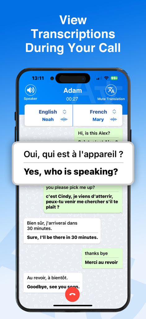 Babel Phone Call Translator interface showing a real time English to French conversation transcript