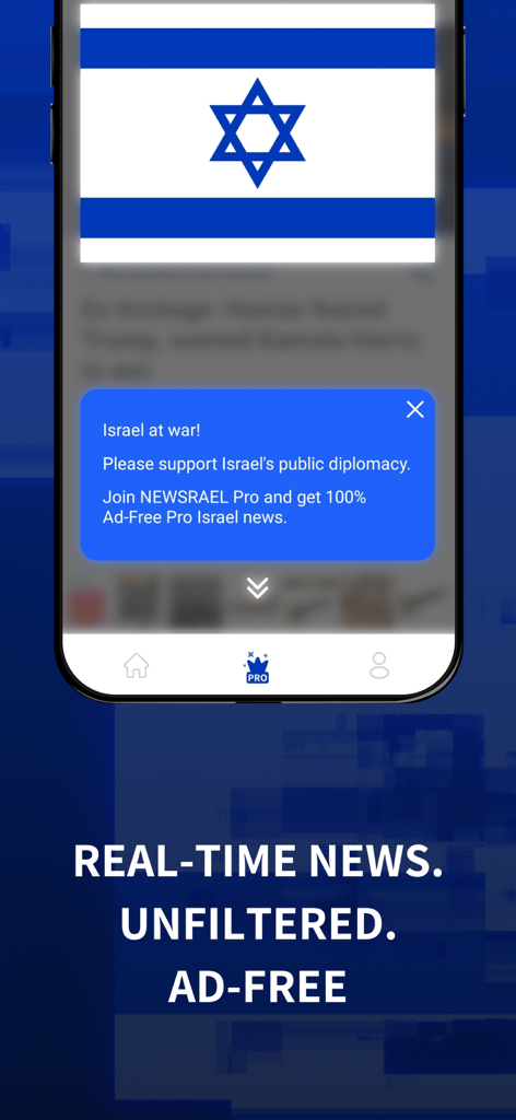Newsrael - Israel News - Newsrael app interface featuring the Israeli flag and a promotion for real-time unfiltered ad-free news.