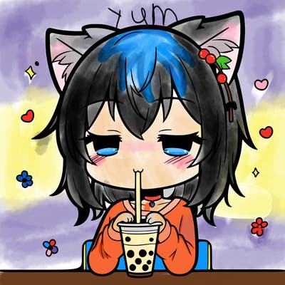 anime cat drinking boba