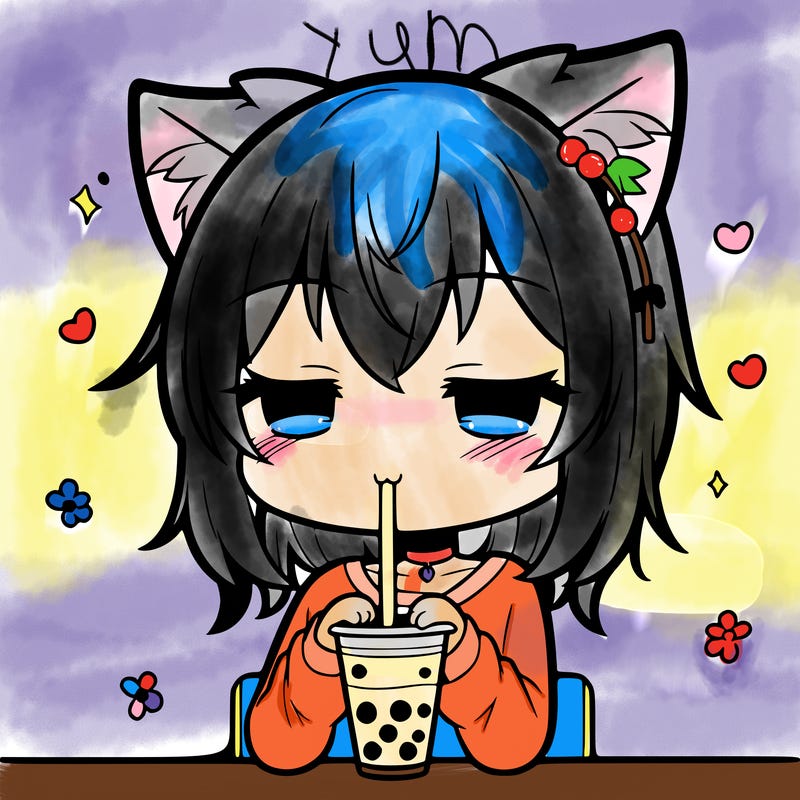 anime cat drinking boba