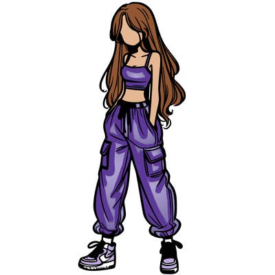 girl in baggy pants crop top and long hair