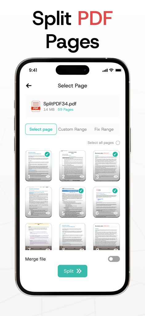 Merge PDF Files－Split PDF Docs - iPhone-Bildschirm, der eine Auswahl einzelner Seiten aus einem PDF-Dokument anzeigt, die aufgeteilt oder extrahiert werden sollen