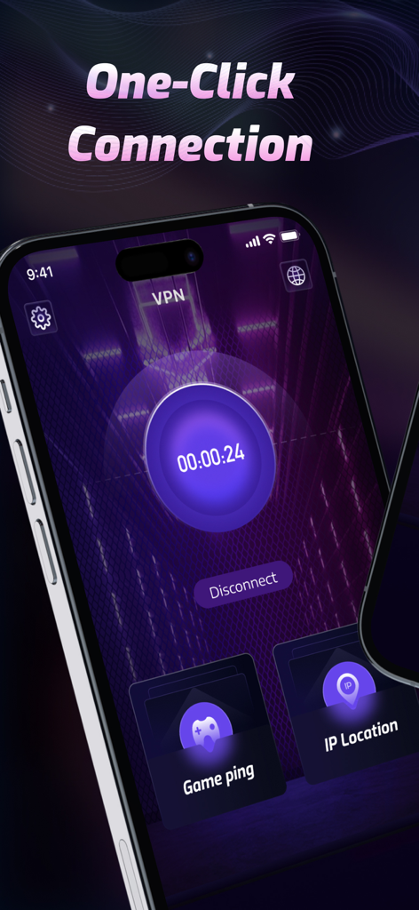 Screenshot of VPNClub app showing the one-click connection screen with game ping and IP location options