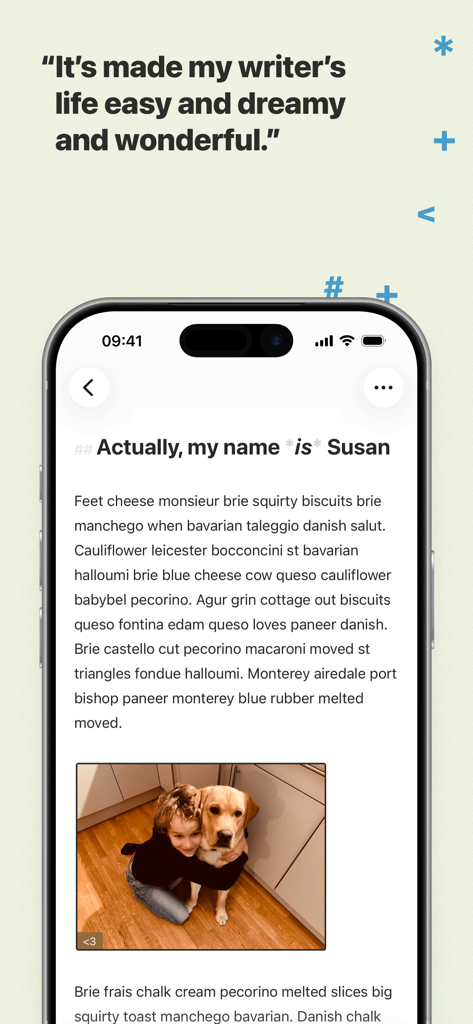 이미지와 평가 인용구가 있는 깔끔한 텍스트 편집기를 표시하는 iPhone의 Ulysses 글쓰기 앱 인터페이스