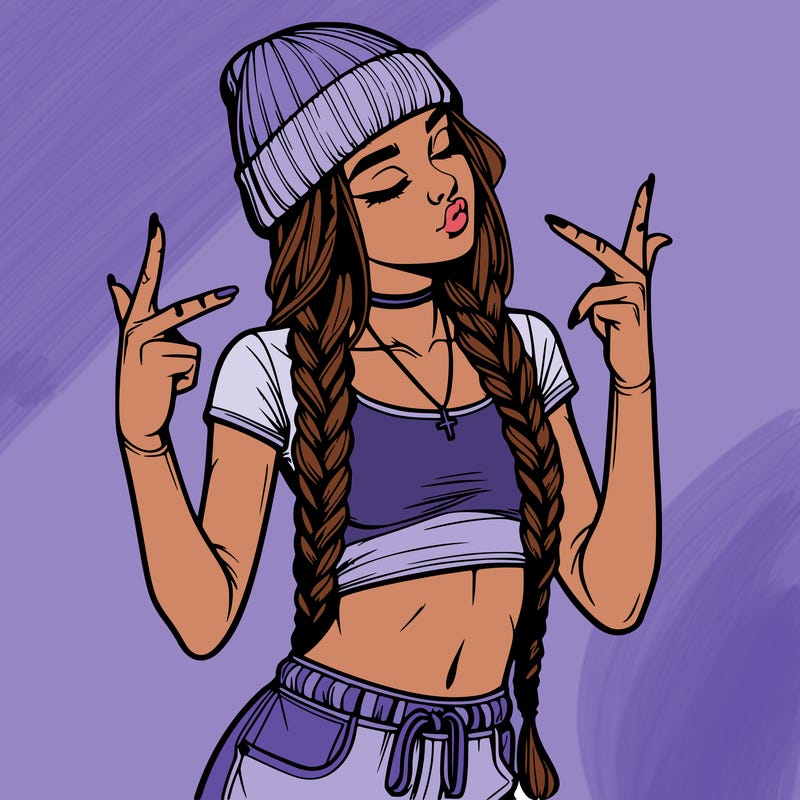 realistic teenage girl with braids and a beanie and crop top doing 🫶🏼