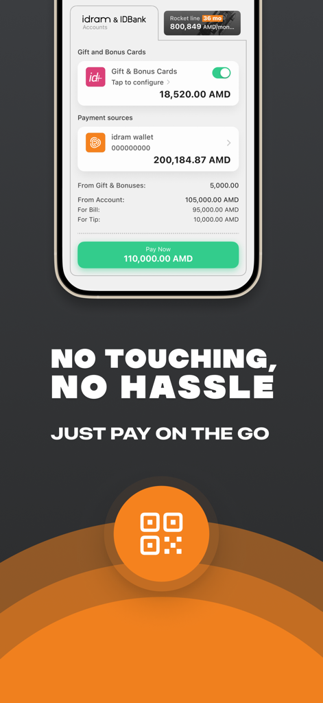 Idram & IDBank - Idram and IDBank app showing a contactless QR payment interface with wallet and gift card options