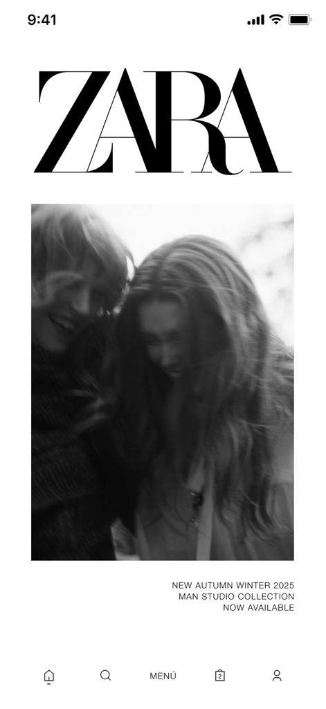 Pantalla de inicio de la aplicación móvil Zara mostrando la campaña editorial de la colección Otoño Invierno 2025.