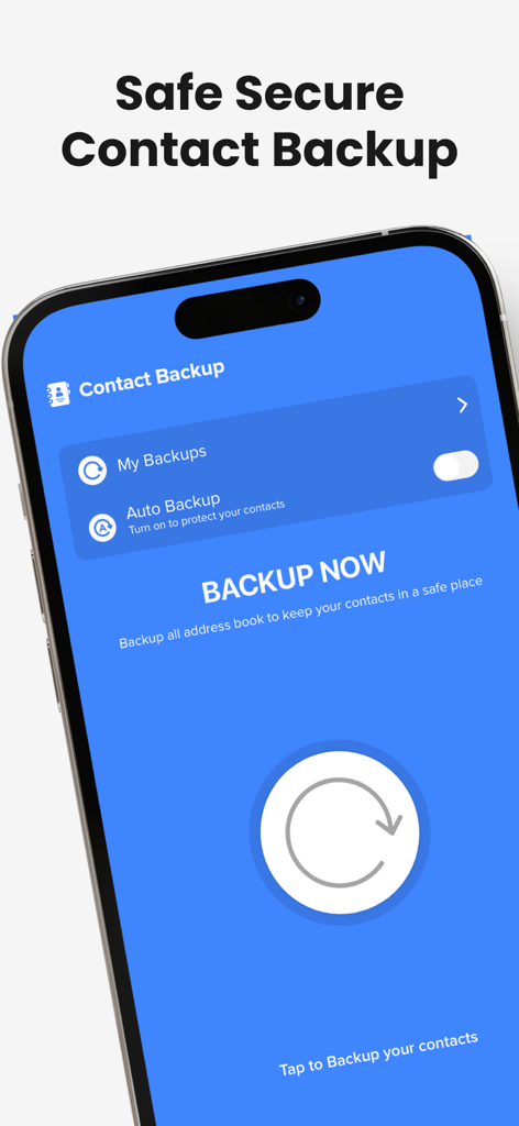 Contact.s Back Up - Interfaz de la aplicación móvil Contact.s Back Up mostrando el botón principal de copia de seguridad ahora y la configuración de copia de seguridad automática