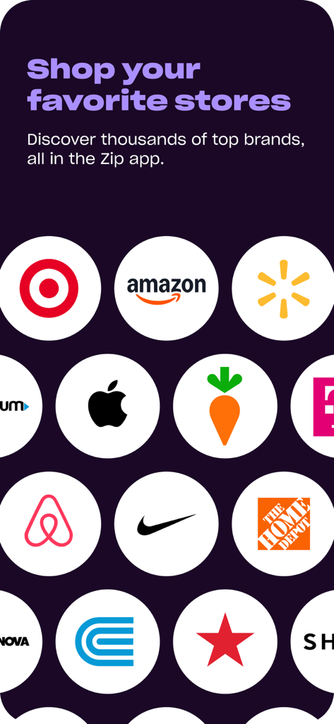 Zip - Buy Now, Pay Later - Una variedad de logotipos de los principales minoristas como Amazon y Target disponibles para comprar en la aplicación Zip