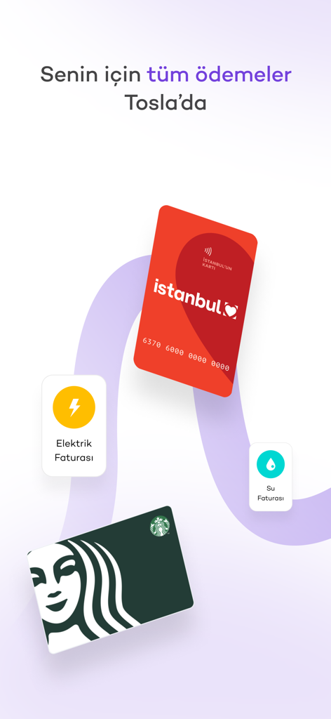 Tosla app interface displaying bill payment options and loyalty card integrations like Starbucks and Istanbulkart.