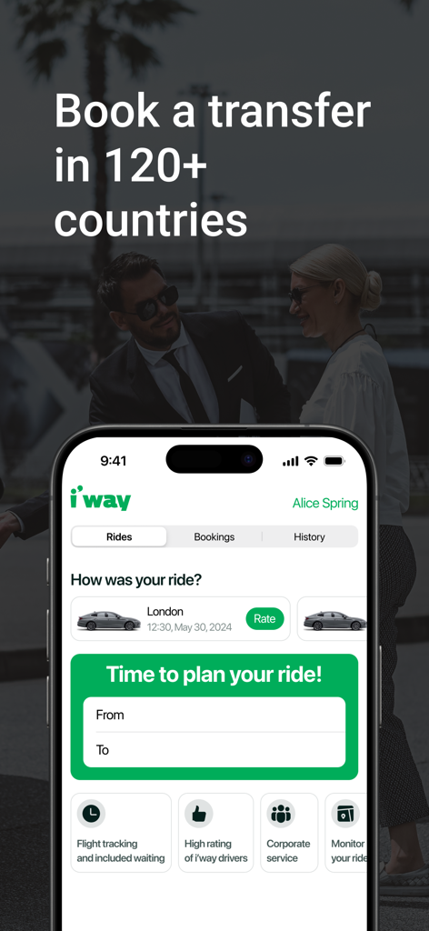 i’way: transfers in 600 cities - i'way mobile app screen showing options to book a transfer in over 120 countries with flight tracking and corporate service features