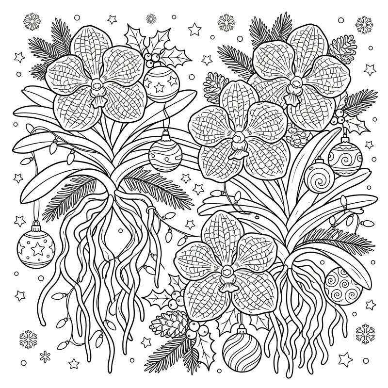 Unwrap the beauty of the holidays with our exquisite Vanda Orchid Christmas coloring page. This intricate design blends tropical elegance with festive cheer, offering a delightful coloring experience for all ages.
