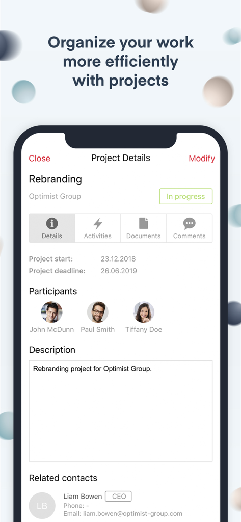 Scoro mobile app displaying detailed project information and team participants