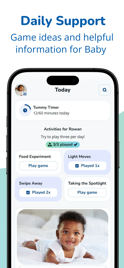 Pathways.org Baby Milestones - Pathways app interface showing baby activities and a tummy time timer