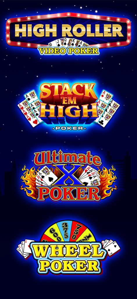 Sélection de jeux High Roller Video Poker présentant les logos de Stack Em High Ultimate X et Wheel Poker