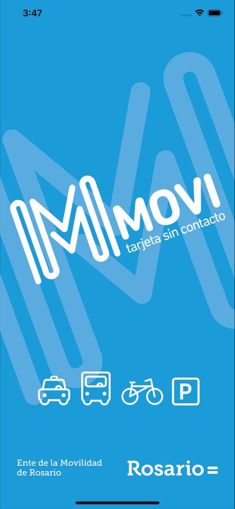 Splash screen of the MOVI Rosario app featuring the logo and transit icons for bus taxi bike and parking on a blue background