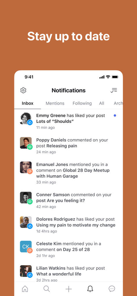 Human Garage - Screenshot of the Human Garage app notifications inbox showing community likes and comments on wellness posts