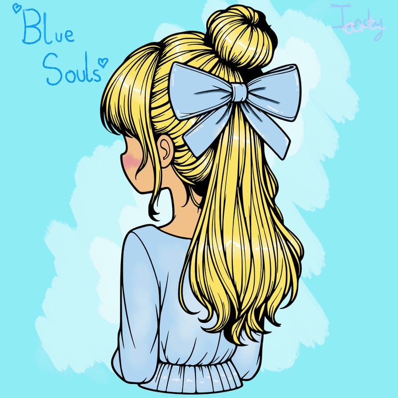 realistic girl  with hip length hair a bun and a big bow on the back of head