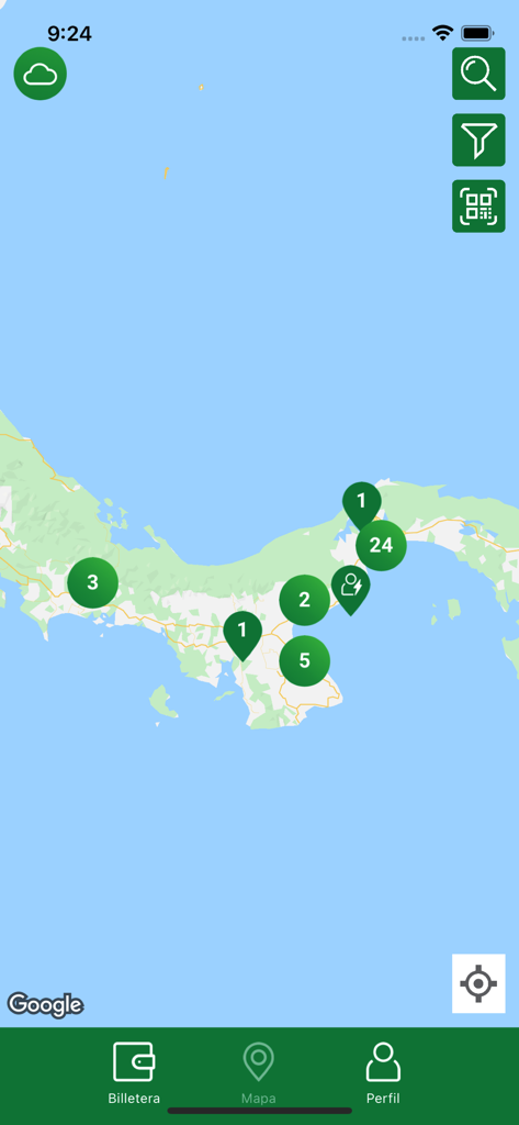 Evergo app map displaying various electric vehicle charging locations across Panama