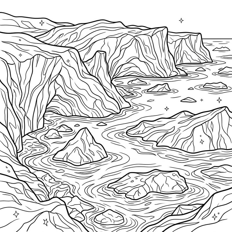 Immerse yourself in the breathtaking beauty of tidewater glaciers with this detailed coloring template. This serene scene captures massive ice formations and floating icebergs, offering a peaceful escape for your creative mind.