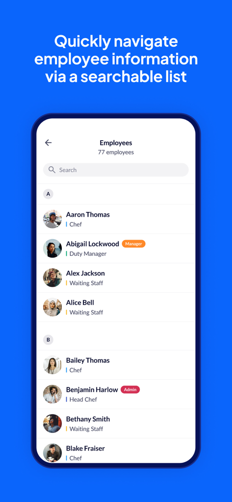 RotaCloud app showing a searchable list of employees with roles and profile pictures.