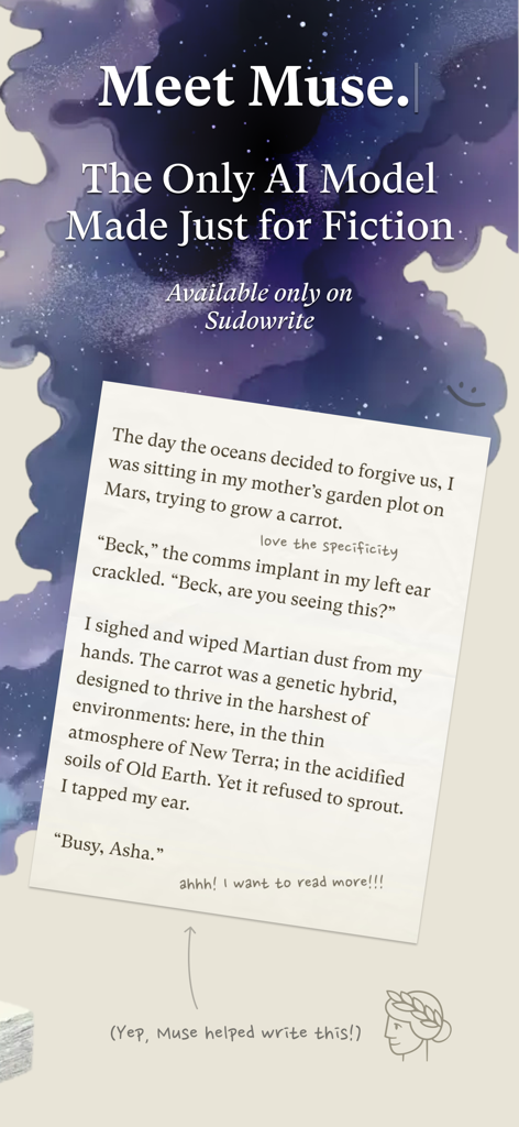 Promotional screen for Sudowrite introducing Muse, an AI model specifically designed for writing fiction with a sample sci-fi story.