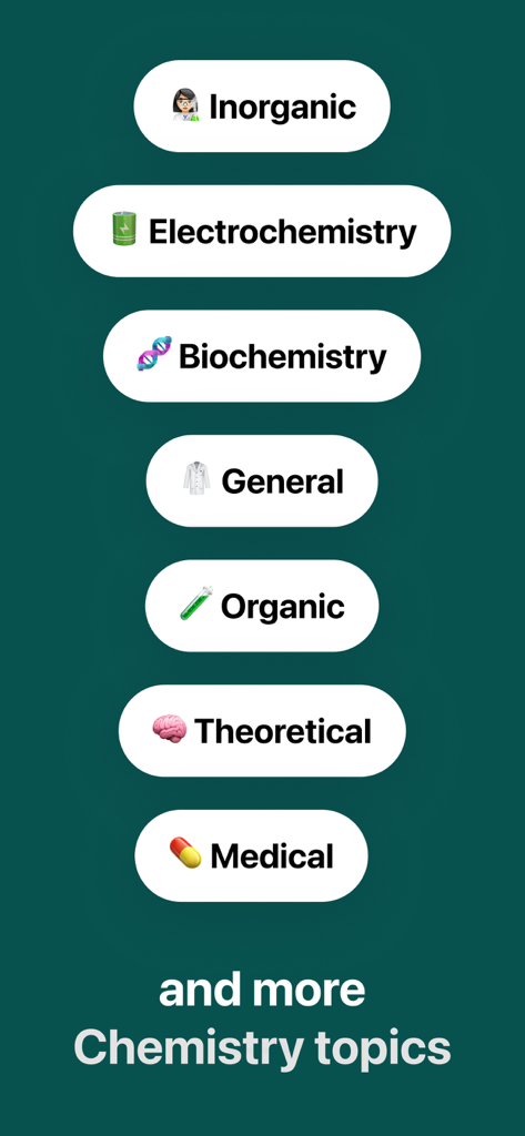 Chem AI - Chemistry Solver - Une liste de sujets de chimie couverts par l'application, y compris la chimie organique, inorganique et la biochimie
