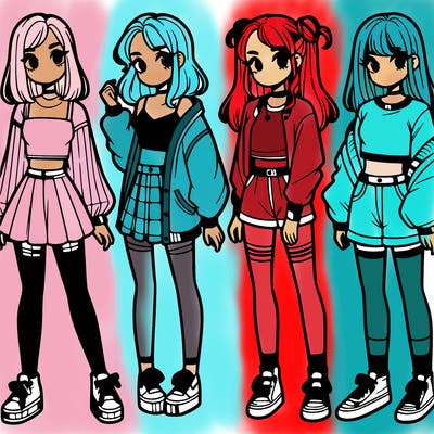 one girl with crop-top shirt and a jacket with a skirt, long socks and another girl with a shirt and pants with a jacket