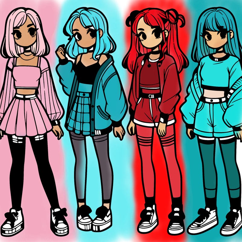 one girl with crop-top shirt and a jacket with a skirt, long socks and another girl with a shirt and pants with a jacket
