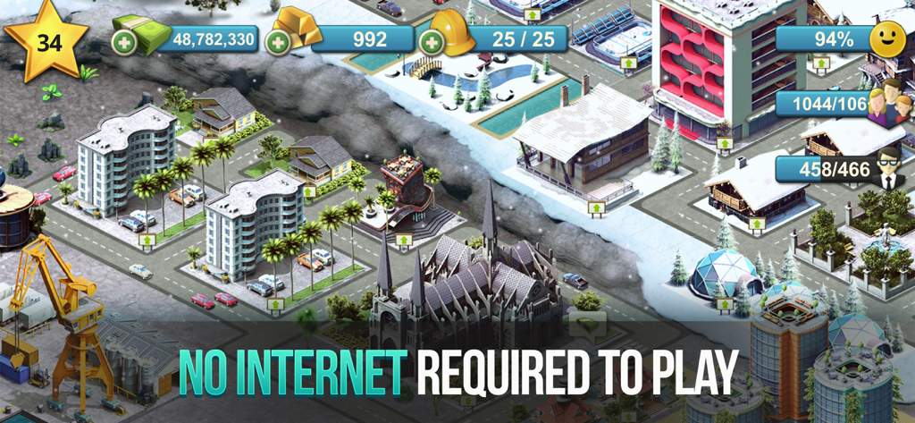 City Island 4 Simulation Town - Una vista de pantalla dividida de una ciudad virtual en City Island 4 que muestra biomas tropicales e invernales con una superposición de texto de juego sin conexión.