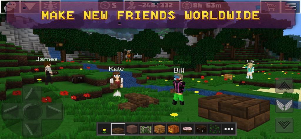 Exploration Lite - Characters named James, Kate, Bill, and Lily interacting in a voxel landscape within the Exploration Lite game.