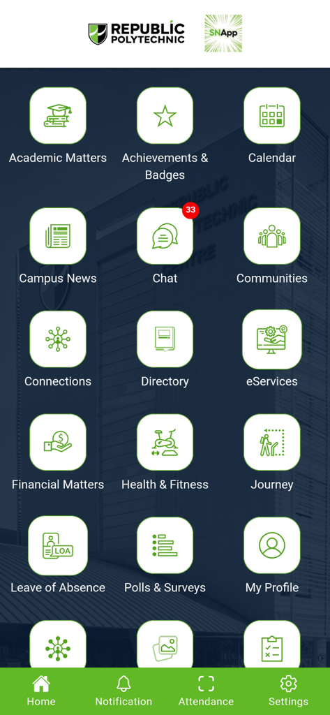 RP SNApp dashboard with student and staff service icons