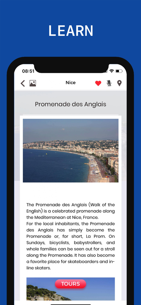 니스 여행 가이드 앱 화면에 프롬나드 데 장글레 상세 정보 표시