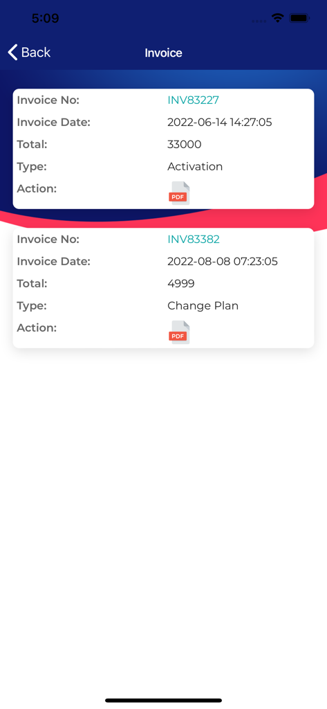 A screen displaying a list of invoices with details like invoice number date total amount and plan type in the Spectranet app