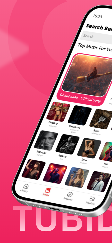 Tubidy Fm app interface showcasing top music recommendations and media library features