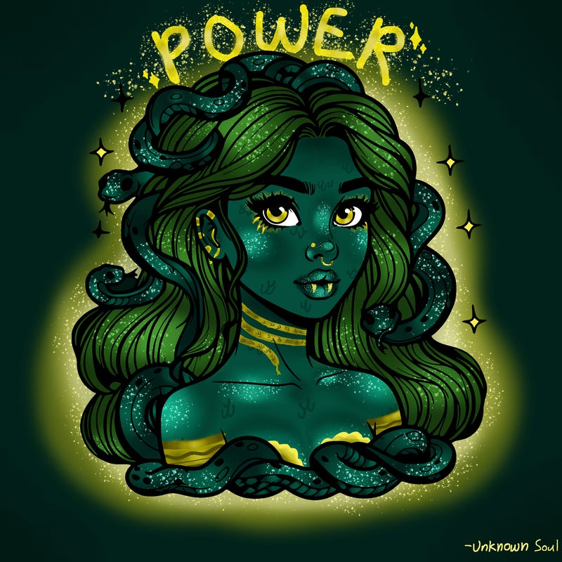 realistic girl with snakes as hair