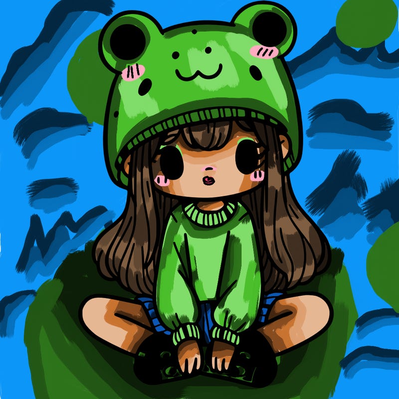 a girl wearing a frog hat and some frog socks