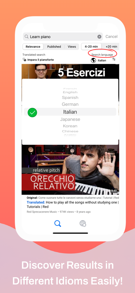 FyDub - YT Video Translator - Tela de pesquisa do aplicativo FyDub para descobrir vídeos do YouTube em diferentes idiomas