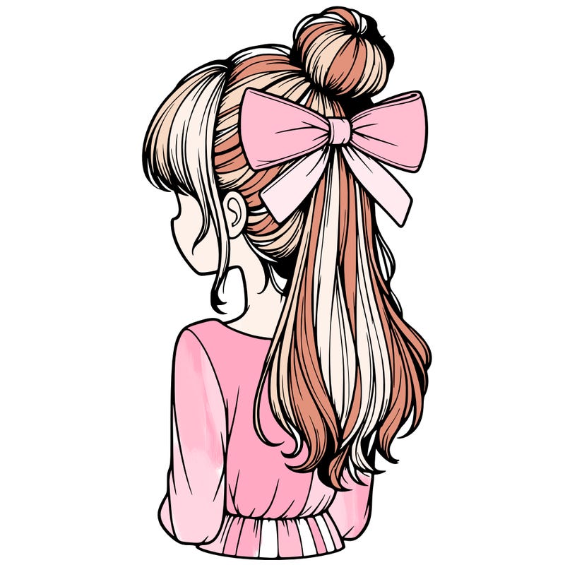 realistic girl  with hip length hair a bun and a big bow on the back of head