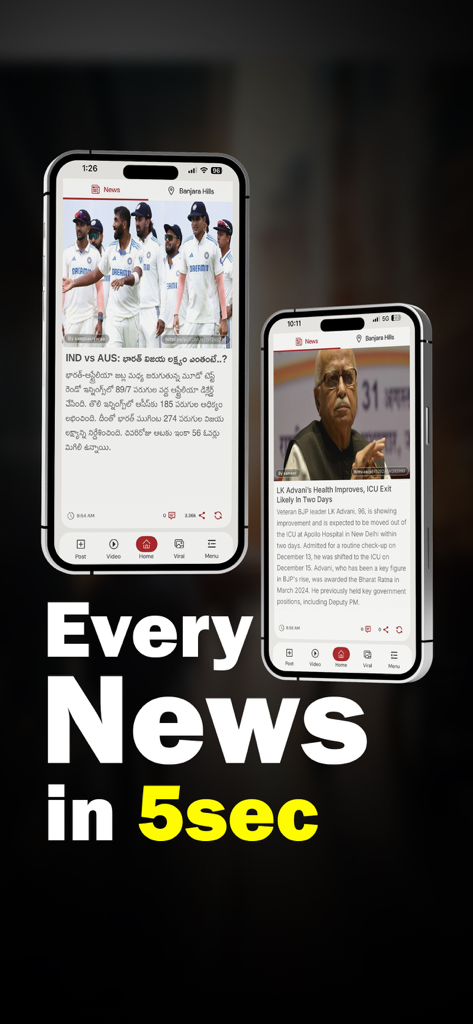 HIT TV - Mobile screens of HIT TV app showing Telugu and English news headlines for sports and politics.